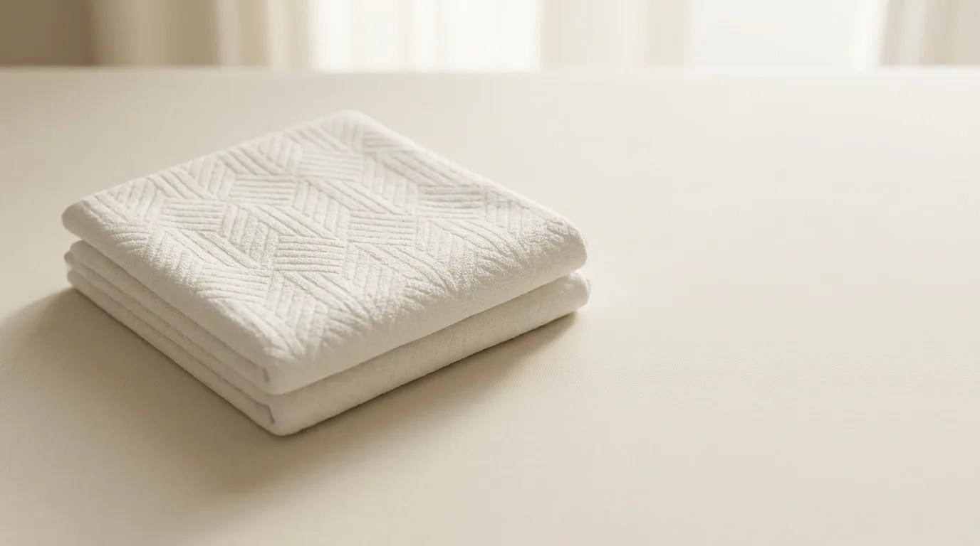 Two folded white microfiber Ihram garments on an ivory linen surface with an eco zip carry bag nearby